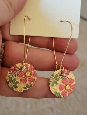 Cost Plus World Market Gold-Tone Floral Drop Earrings with Pink and Green